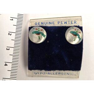 Genuine Pewter Hypoallergenic Earrings With Hand-Painted Bird Design Round
